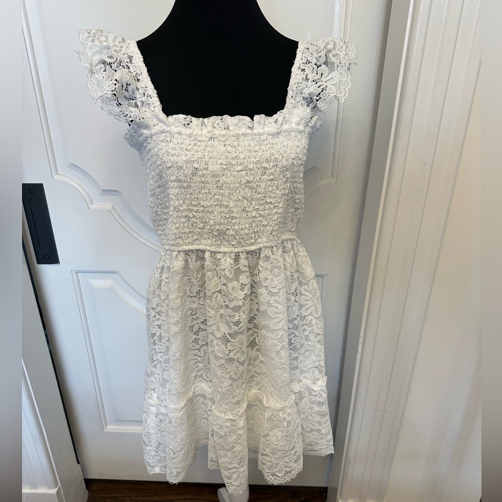 Altar’d State Square Neck White Lace Dress Flutter Sleeves Stretch NWOT